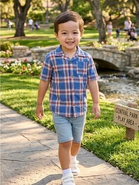 Koala Kids Boys Plaid Shirt & Denim Shorts 2-Piece Set - Size 2T